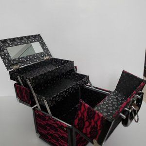 CABOODLES Make Up Case Cosmetics Storage Organizer Hot Pink w/ Black Lace Silver
